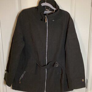 Liz Claiborne Women's Black Rain Jacket Coat Size L Pockets Belt Lightweight